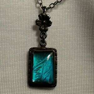 Vintage pendant necklace iridescent butterfly wing Made England Sterling Silver